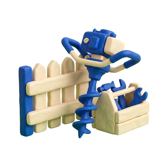 Fence contractor illustration in blue and ivory clay