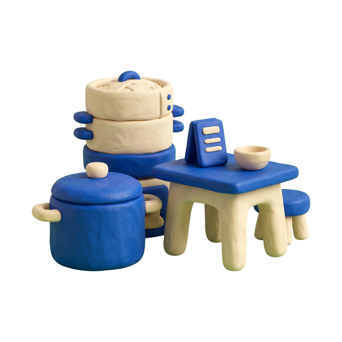 Filipino restaurant illustration in blue and ivory clay