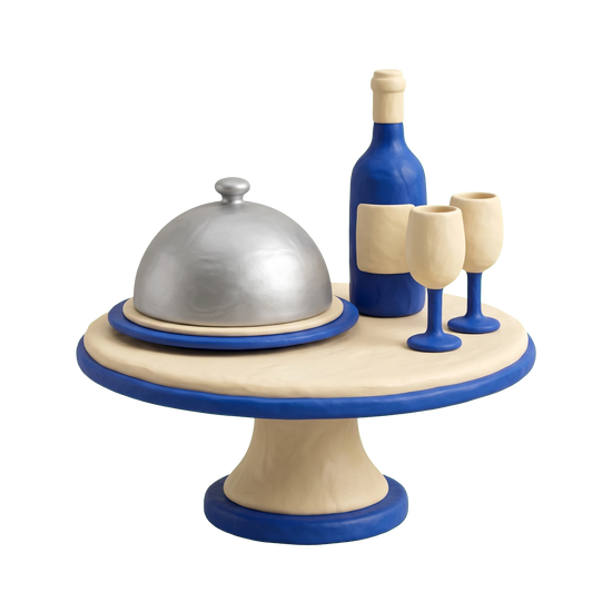 Fine dining restaurant illustration in blue and ivory clay