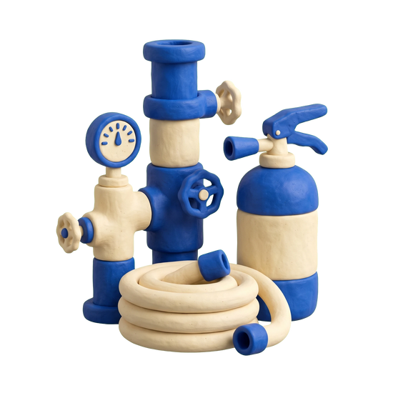 Fire protection service illustration in blue and ivory clay