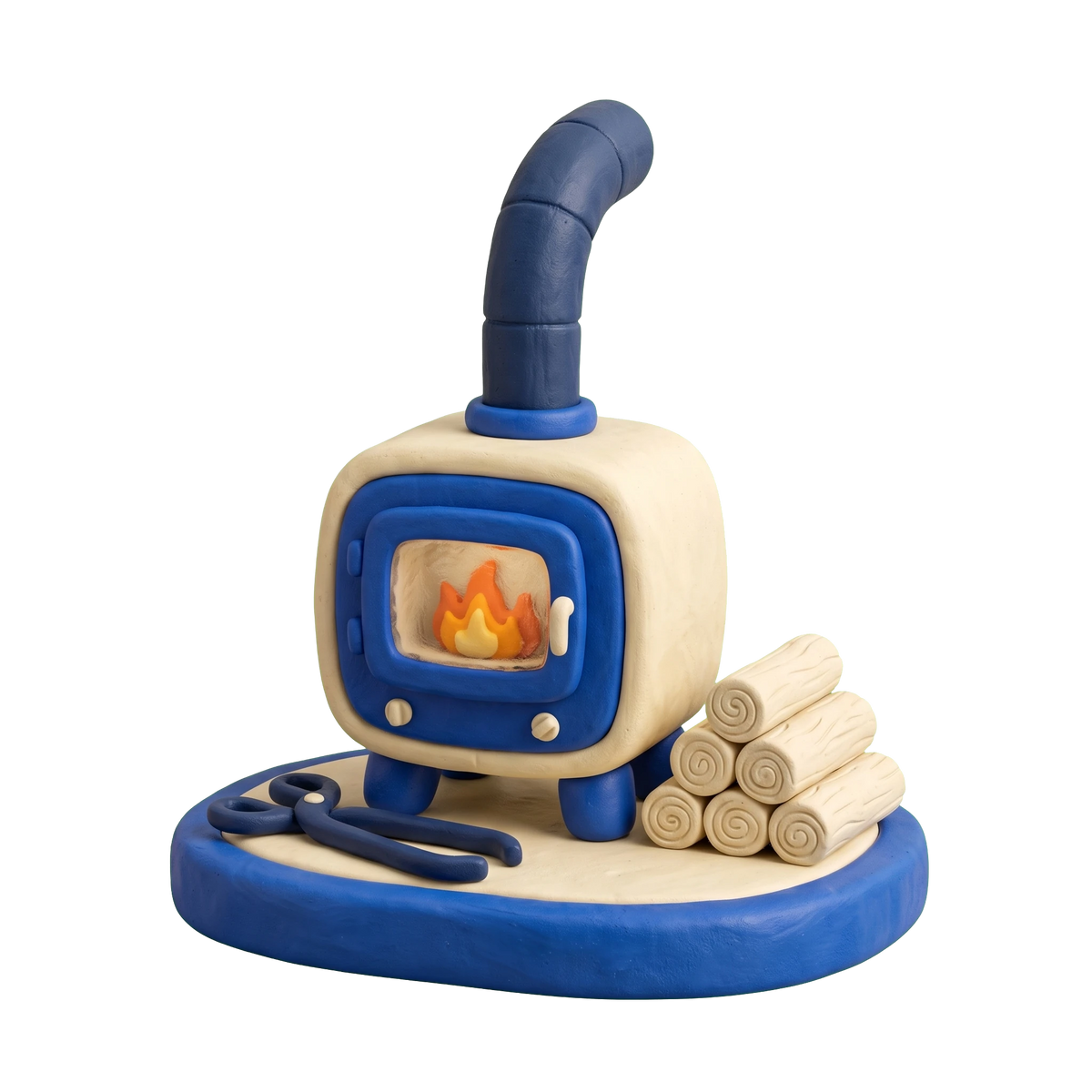 Fireplace store illustration in blue and ivory clay