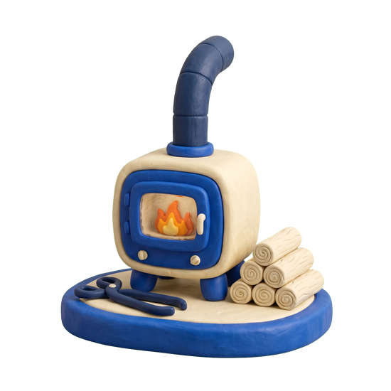 Fireplace store illustration in blue and ivory clay
