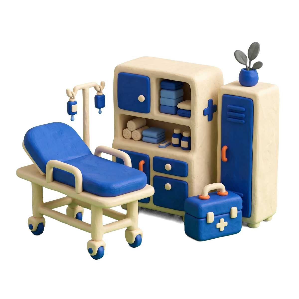 First aid station illustration in blue and ivory clay