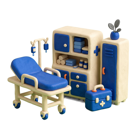 First aid station illustration in blue and ivory clay