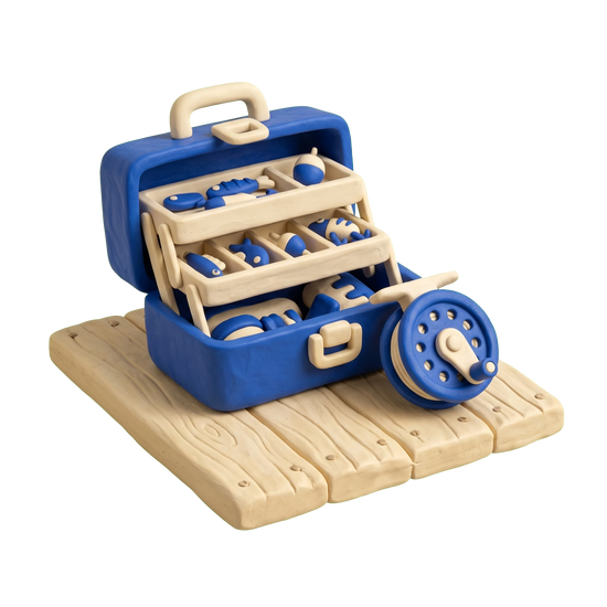 Fishing club illustration in blue and ivory clay
