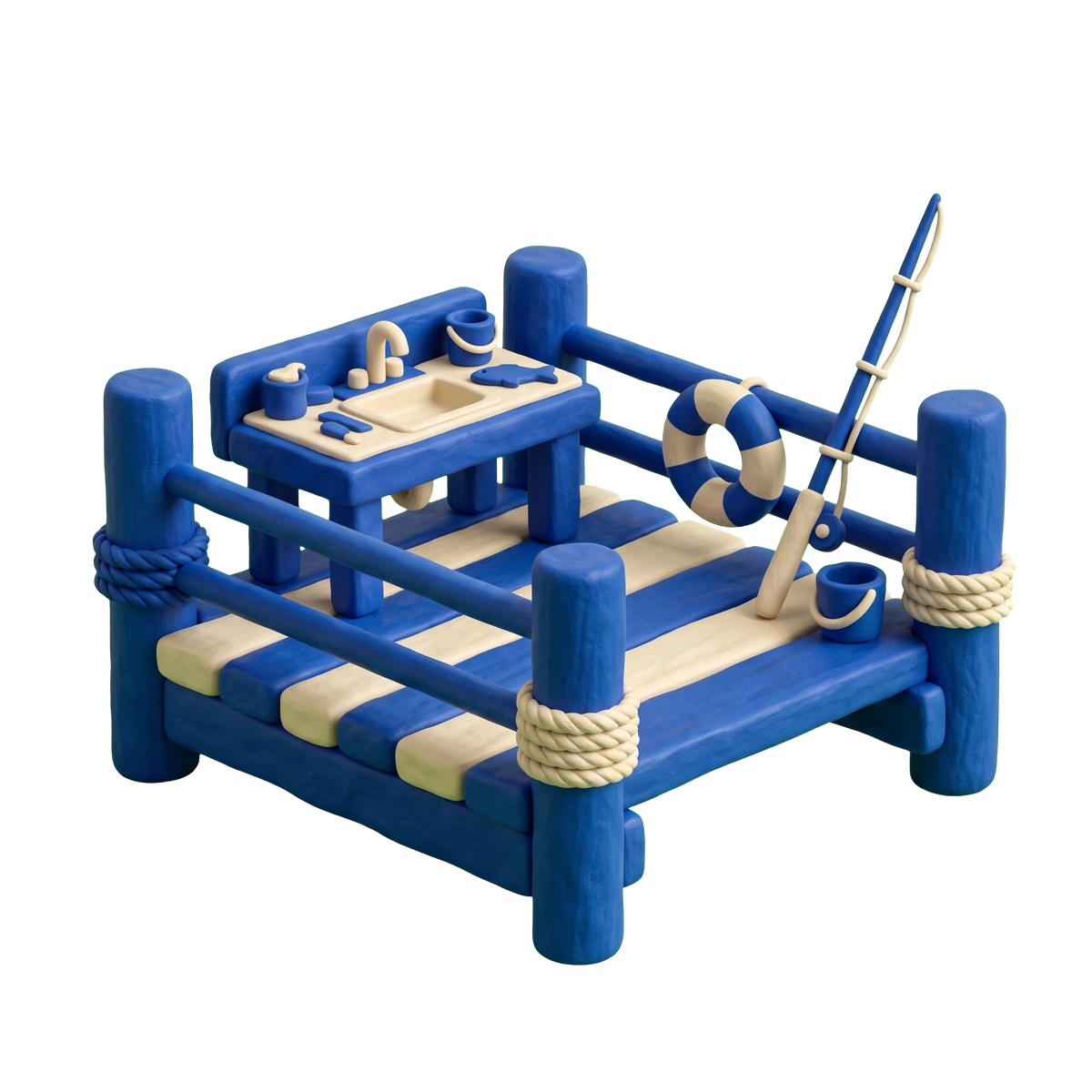 Fishing pier illustration in blue and ivory clay