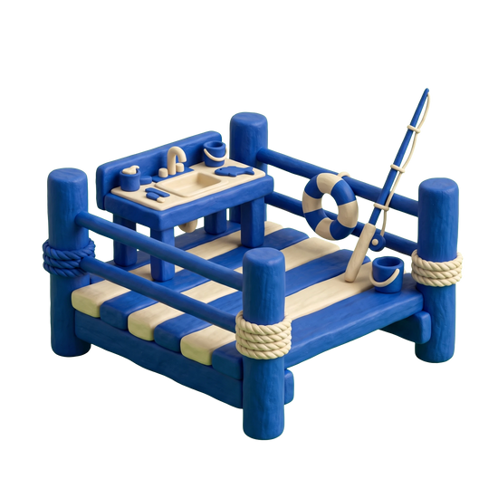 Fishing pier illustration in blue and ivory clay