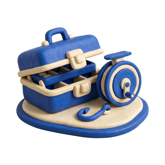 Fishing store illustration in blue and ivory clay