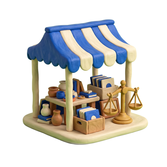 Flea market illustration in blue and ivory clay