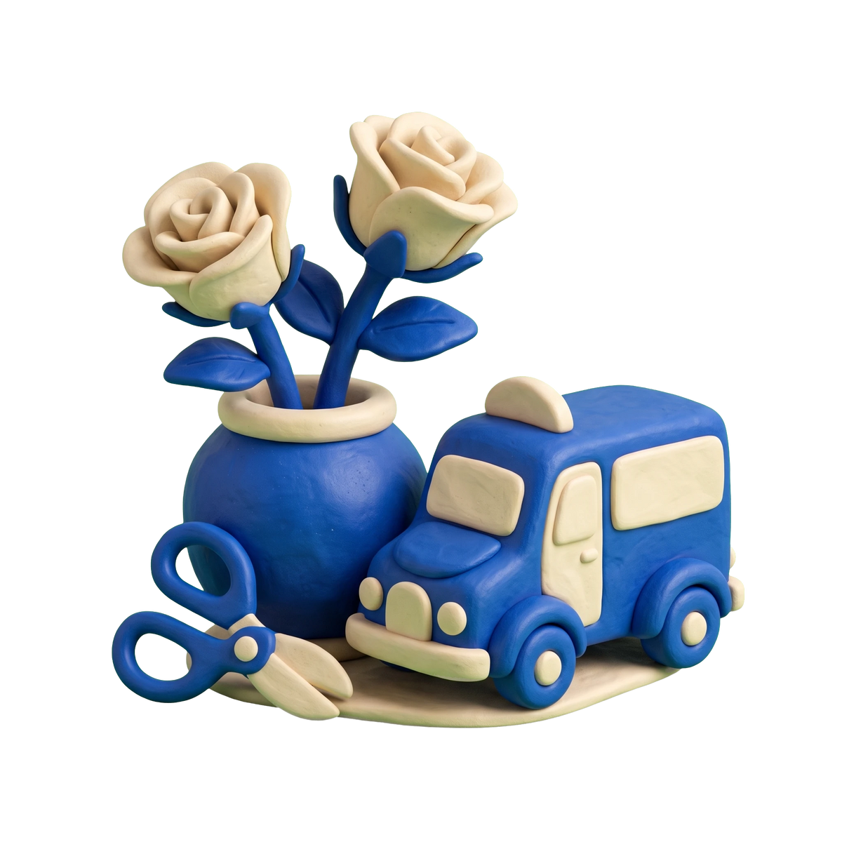 Flower delivery illustration in blue and ivory clay