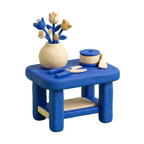Flower designer illustration in blue and ivory clay