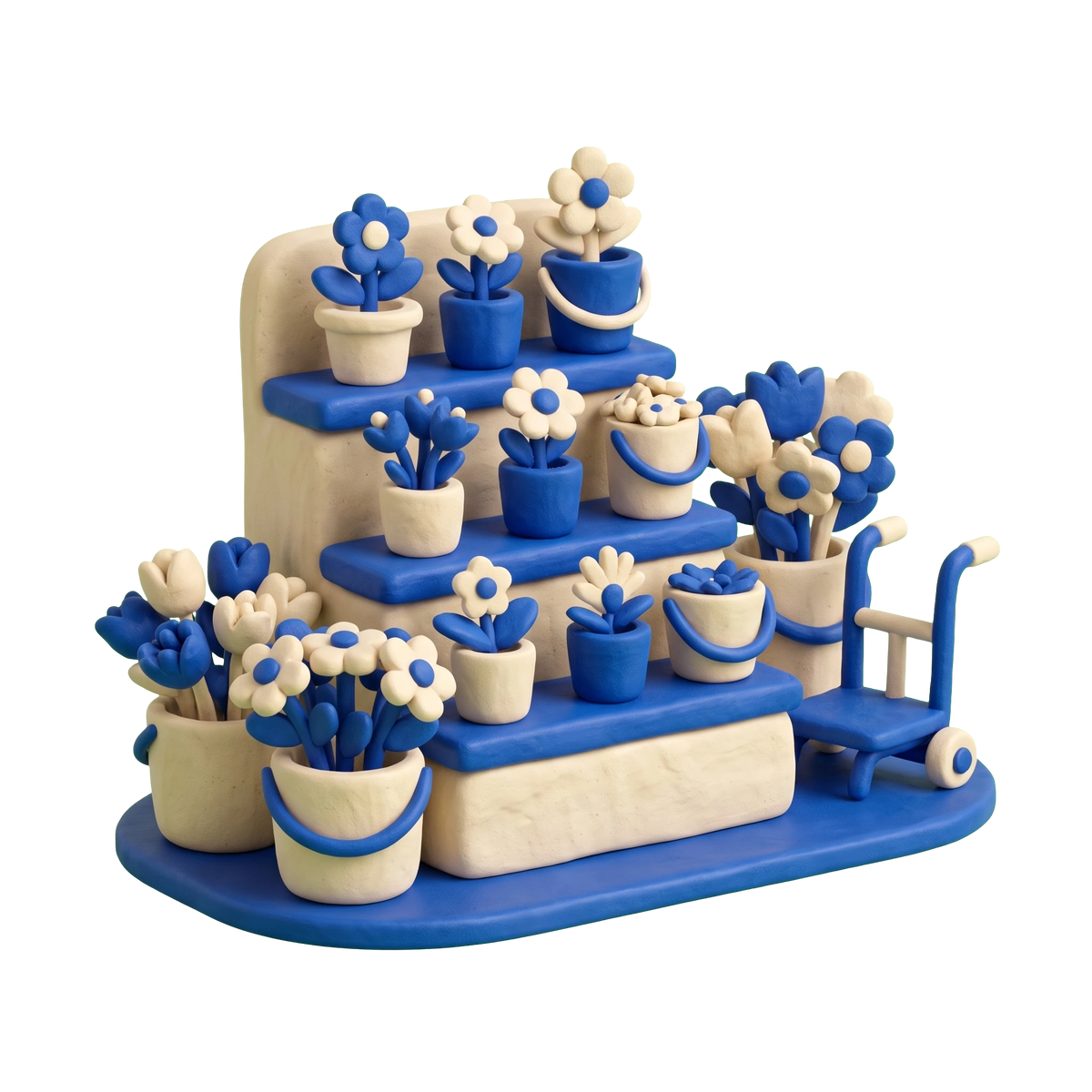 Flower market illustration in blue and ivory clay