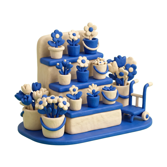 Flower market illustration in blue and ivory clay