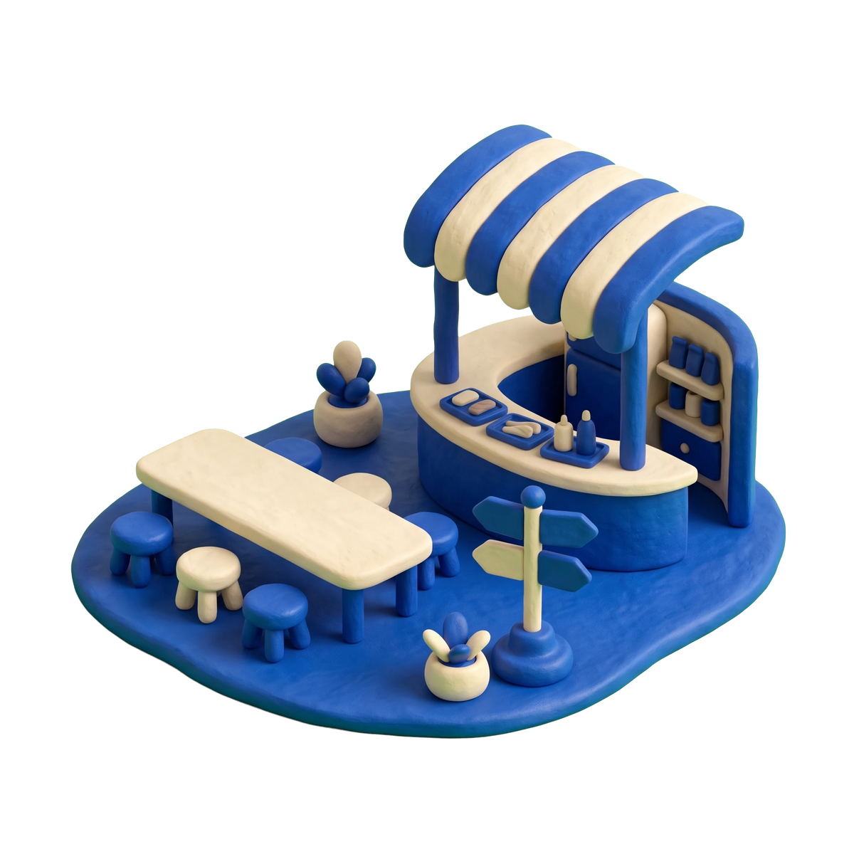 Food court illustration in blue and ivory clay