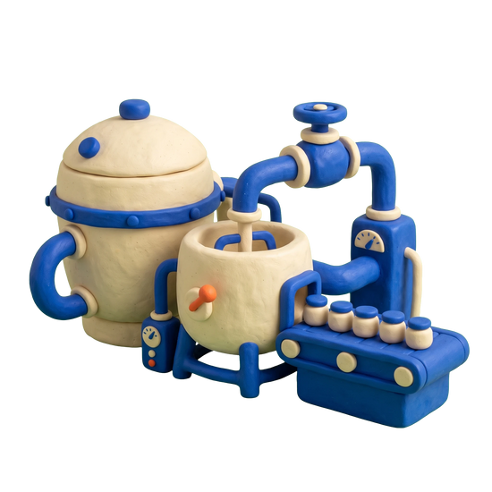 Food processing company illustration in blue and ivory clay