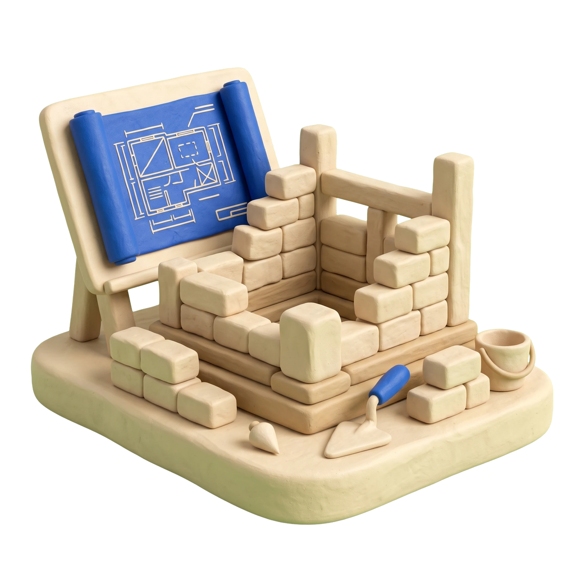 Foundation illustration in blue and ivory clay