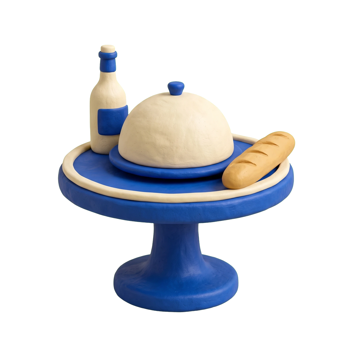 French restaurant illustration in blue and ivory clay