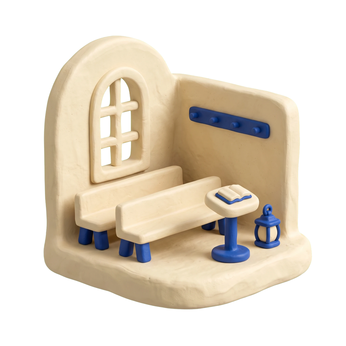 Friends church illustration in blue and ivory clay