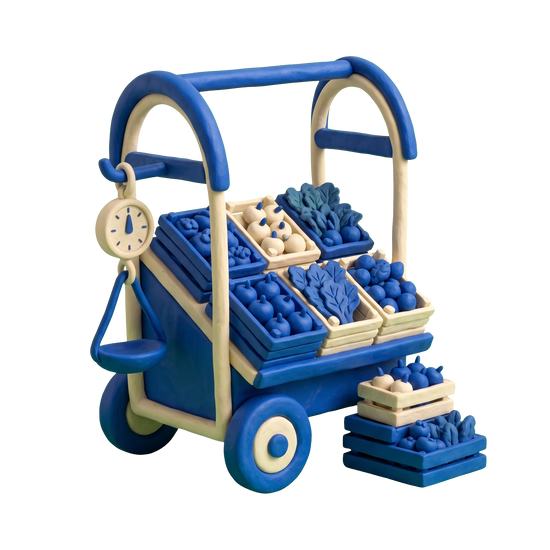Fruit and vegetable store illustration in blue and ivory clay