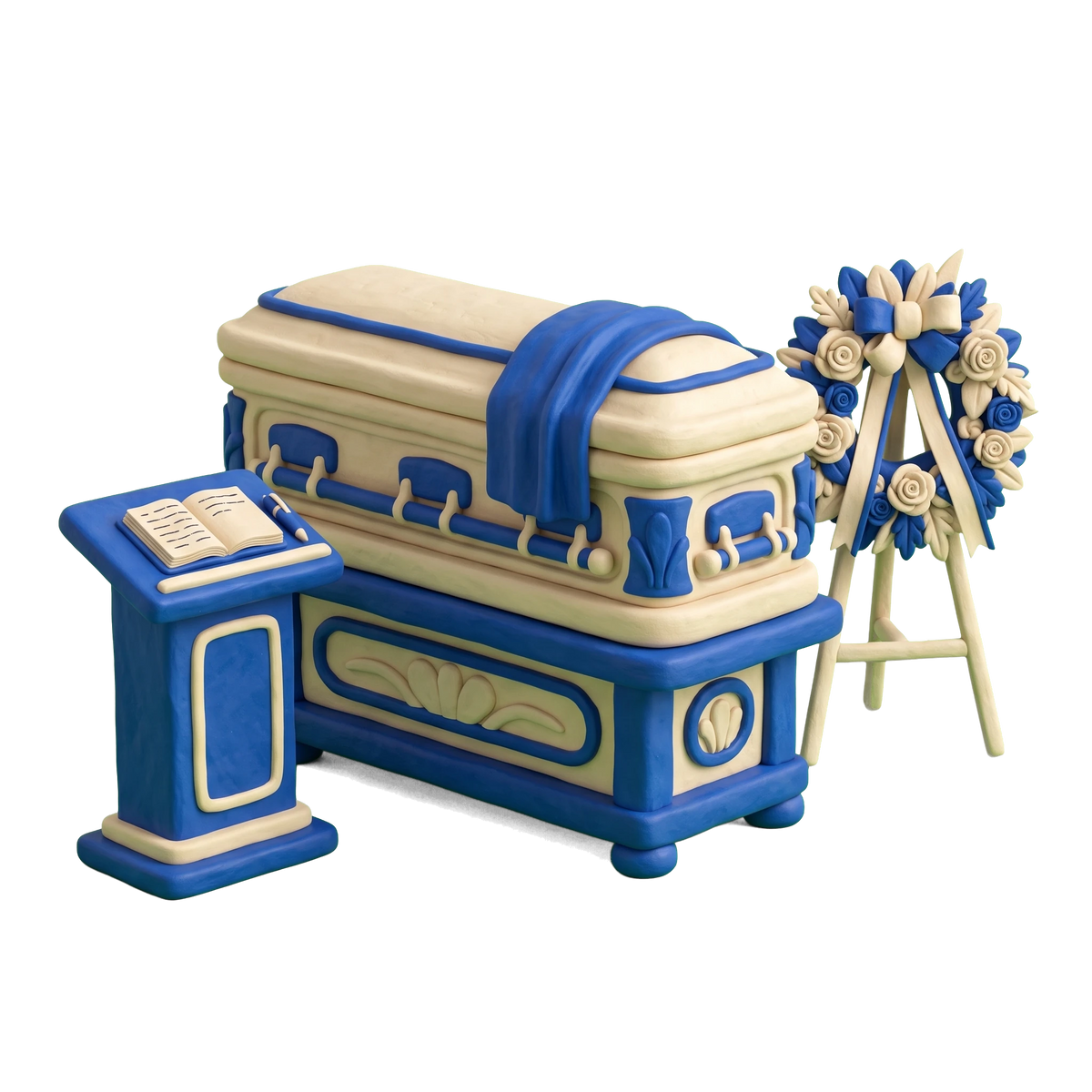 Funeral director illustration in blue and ivory clay