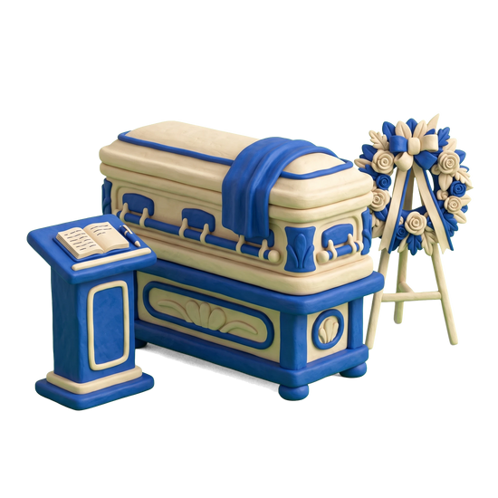 Funeral director illustration in blue and ivory clay