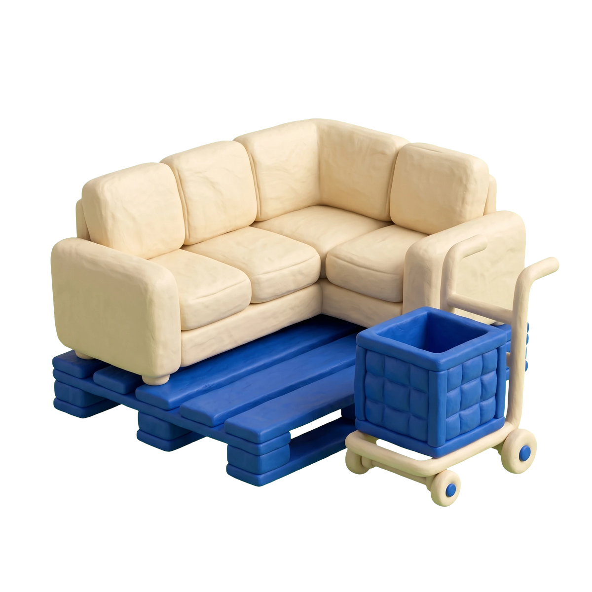 Furniture rental service illustration in blue and ivory clay