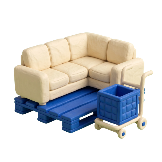 Furniture rental service illustration in blue and ivory clay