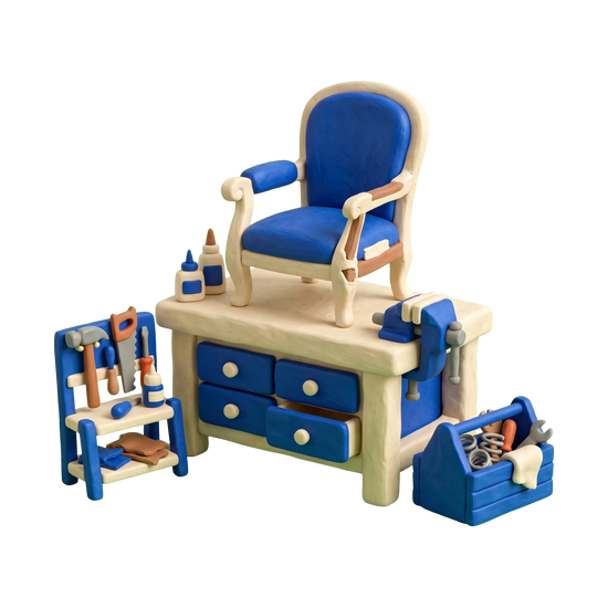 Furniture repair shop illustration in blue and ivory clay