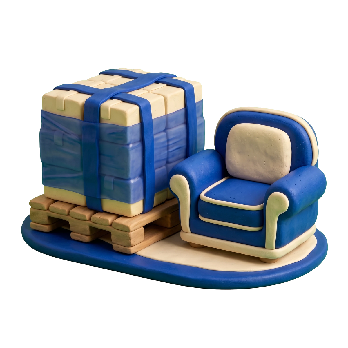 Furniture wholesaler illustration in blue and ivory clay