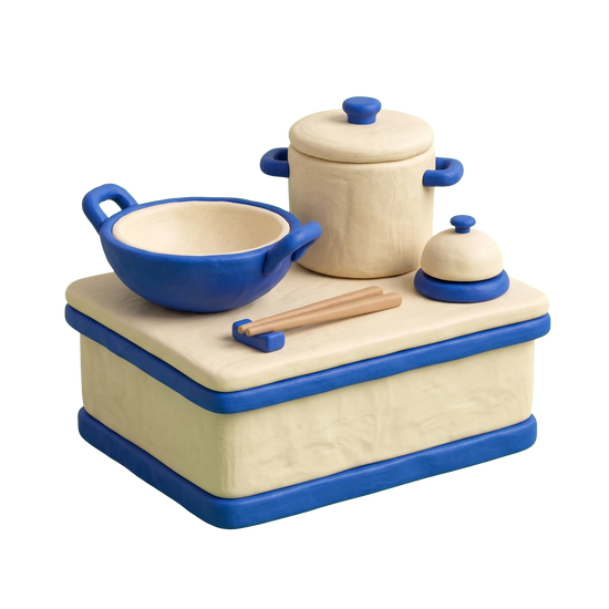 Fusion restaurant illustration in blue and ivory clay