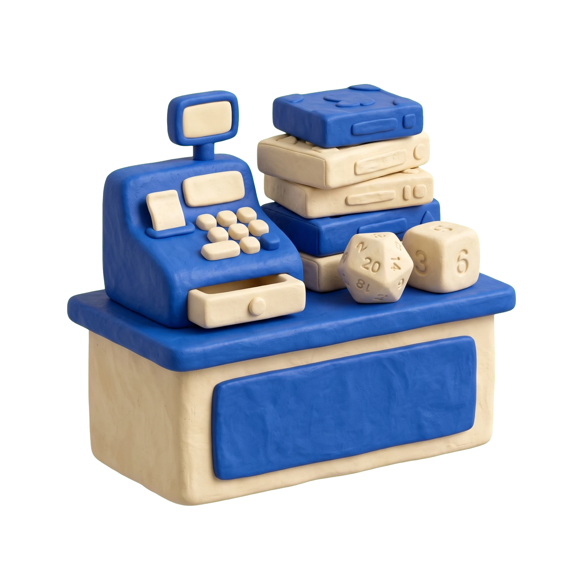 Game store illustration in blue and ivory clay