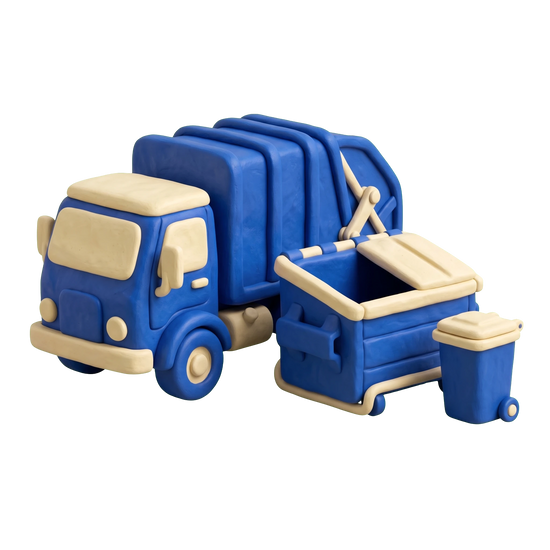Garbage collection service illustration in blue and ivory clay