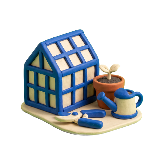 Garden center illustration in blue and ivory clay