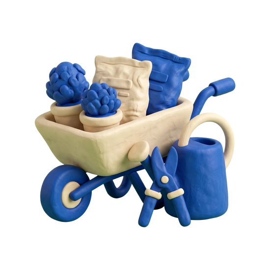 Gardener illustration in blue and ivory clay