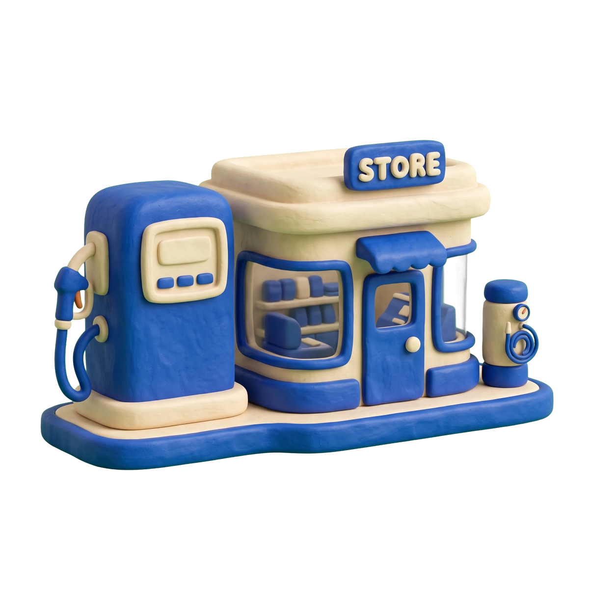 Gas station illustration in blue and ivory clay
