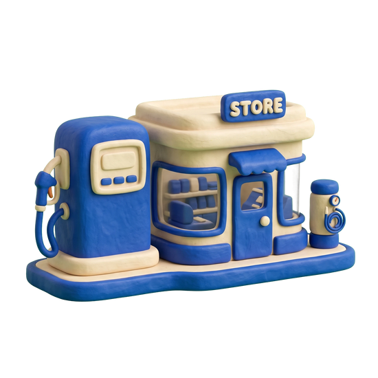 Gas station illustration in blue and ivory clay