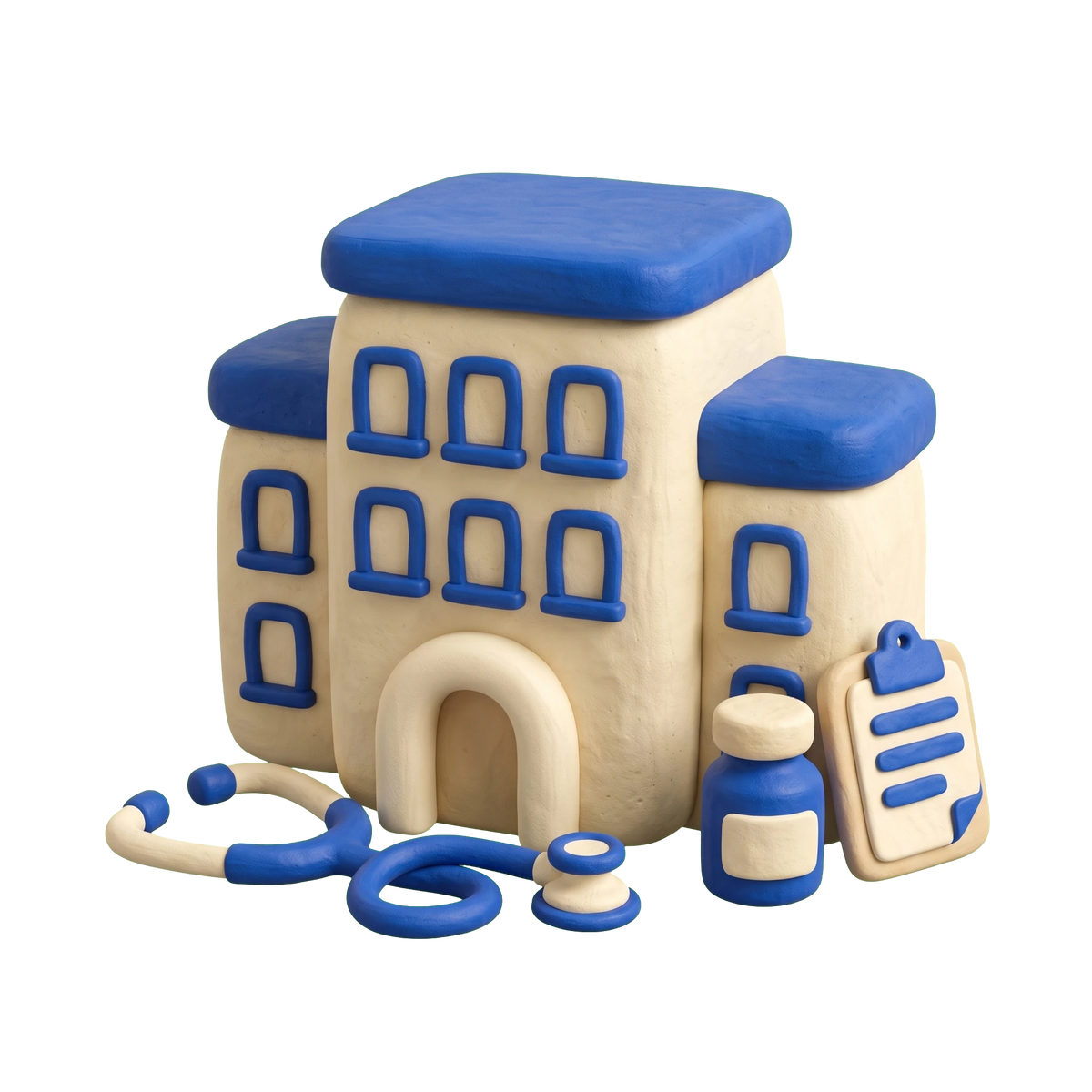 General hospital illustration in blue and ivory clay