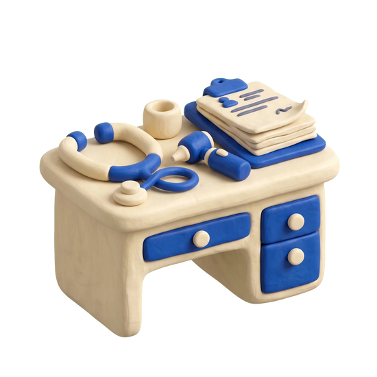 General practitioner illustration in blue and ivory clay