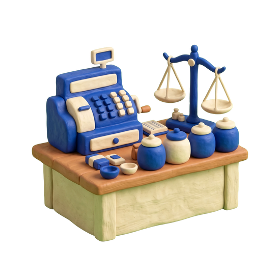 General store illustration in blue and ivory clay
