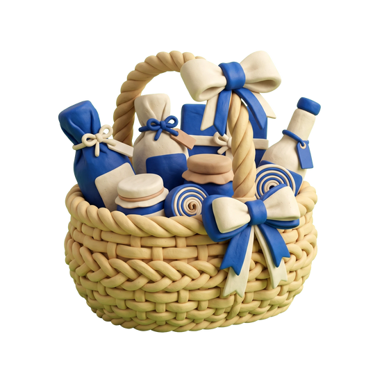 Gift basket store illustration in blue and ivory clay