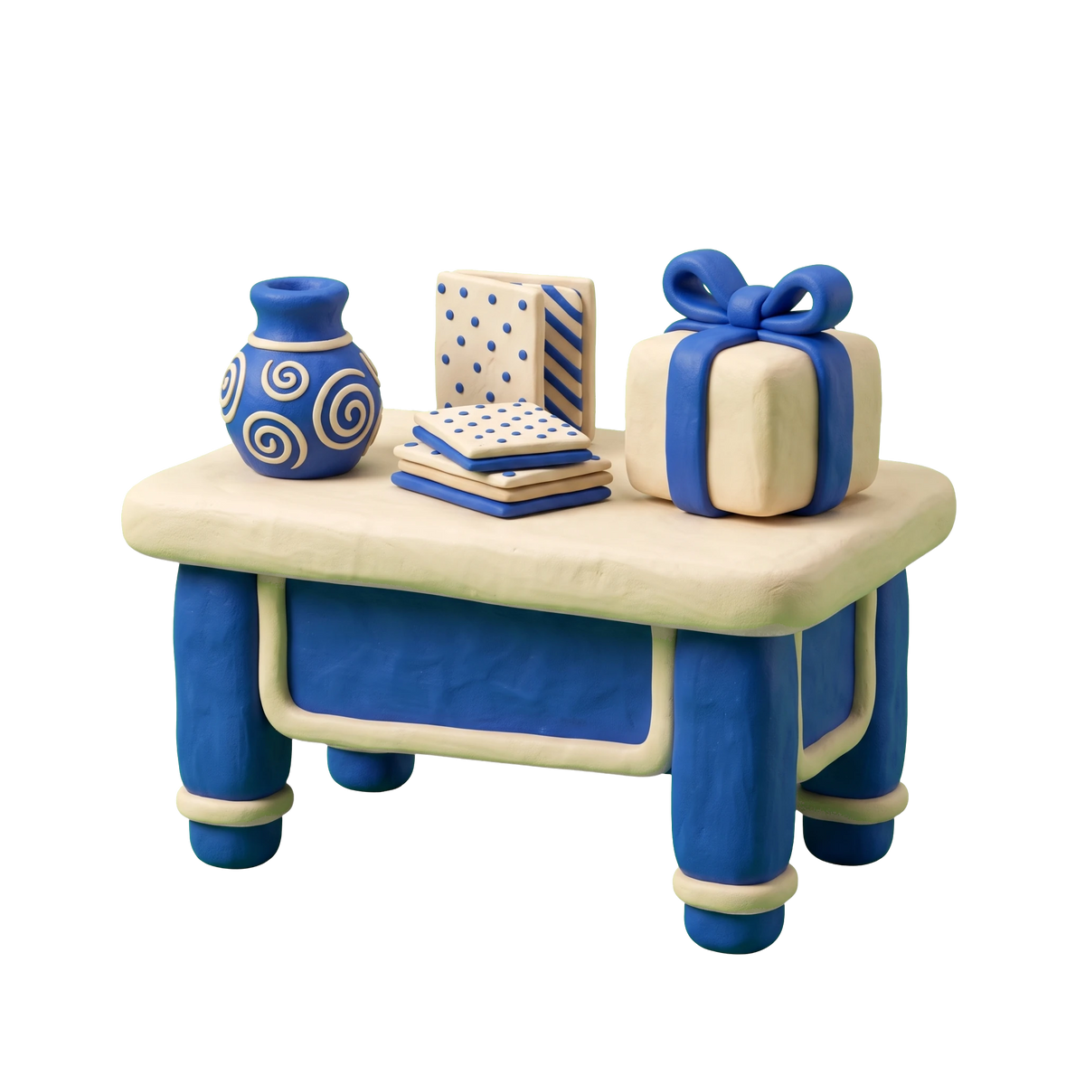 Gift shop illustration in blue and ivory clay
