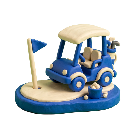 Golf course illustration in blue and ivory clay