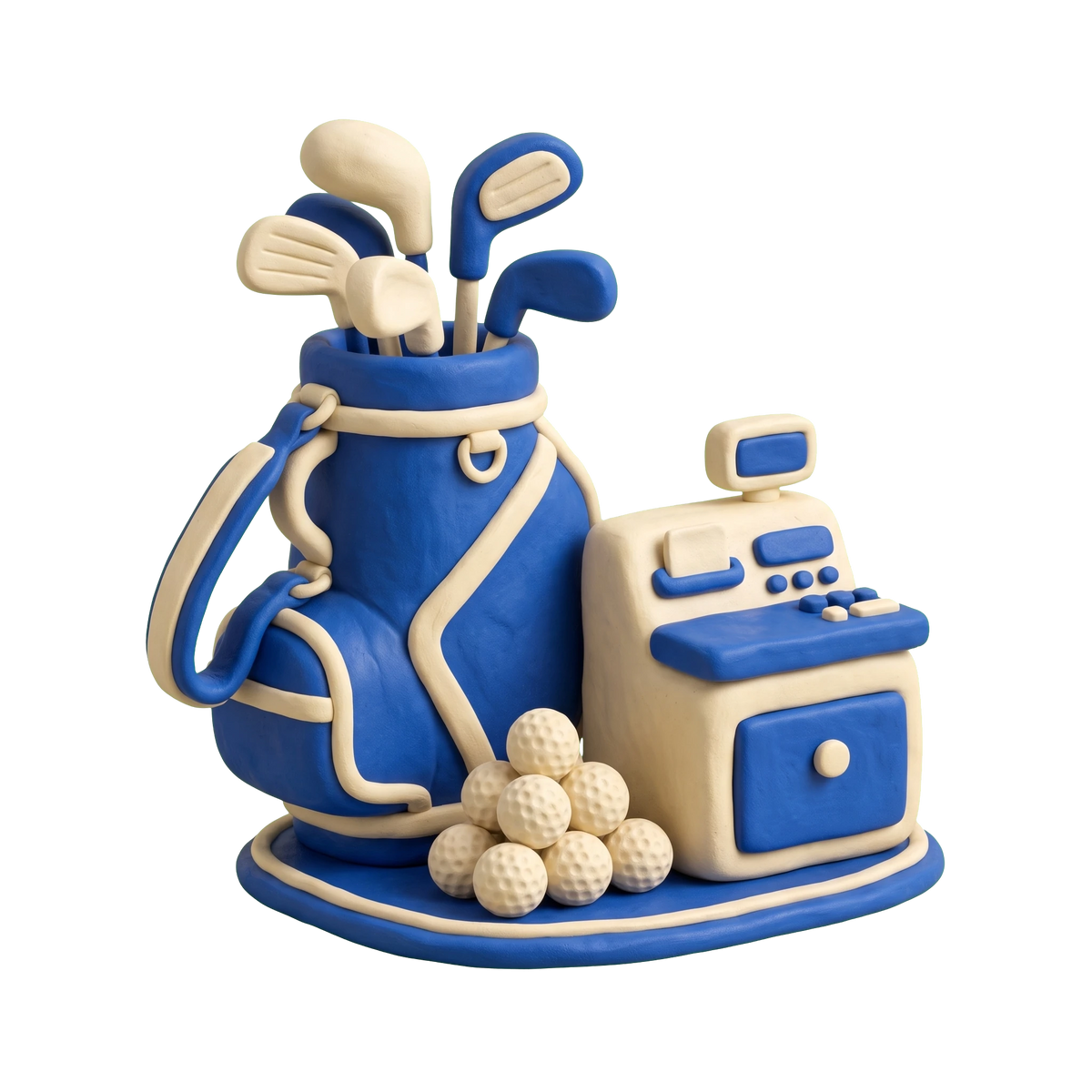 Golf shop illustration in blue and ivory clay