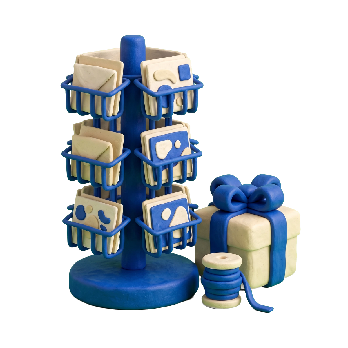 Greeting card shop illustration in blue and ivory clay