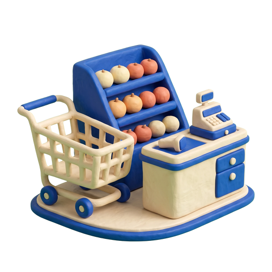 Grocery store illustration in blue and ivory clay