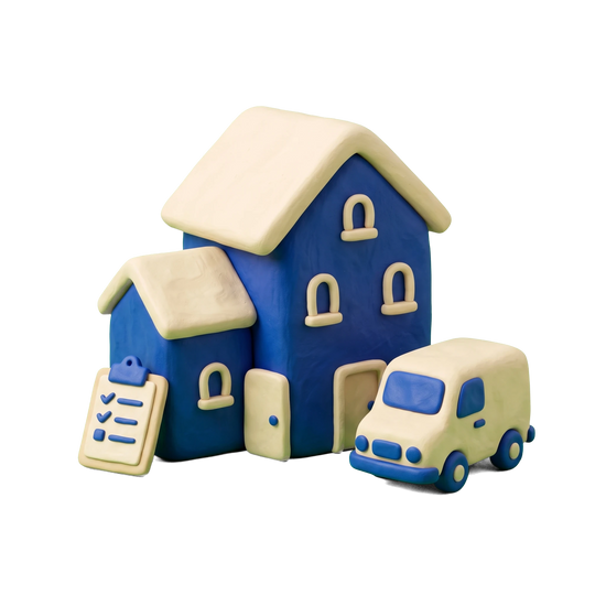 Group home illustration in blue and ivory clay