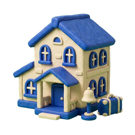 Guest house illustration in blue and ivory clay