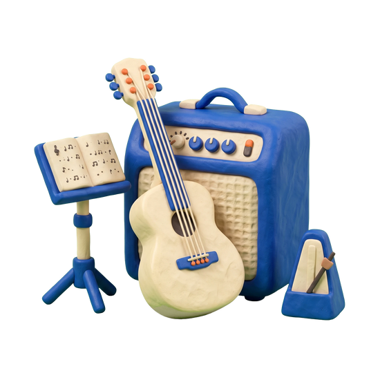 Guitar instructor illustration in blue and ivory clay