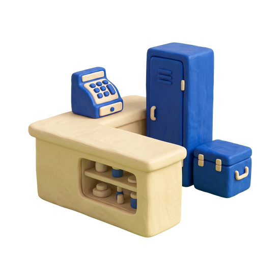 Gun shop illustration in blue and ivory clay