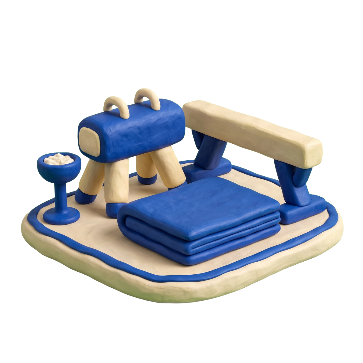 Gymnastics center illustration in blue and ivory clay